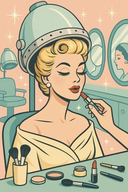 desenho animado de uma mulher em um salao de beleza antigo, com secador de cabelo antigo, espelho, passando batom.