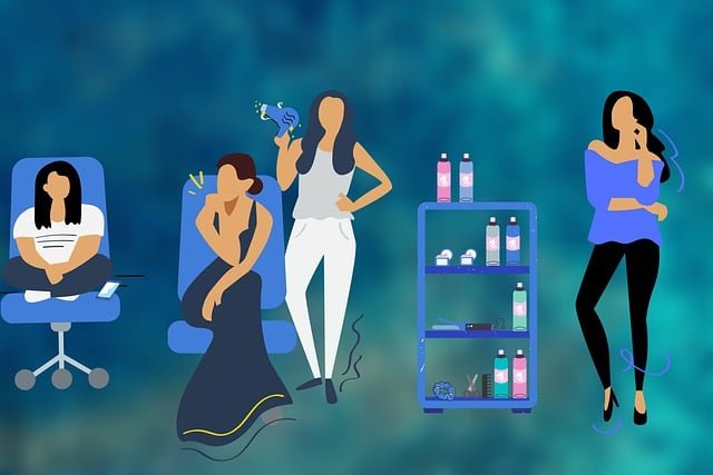 desenho animado cor predominante azul de quatro mulheres em um salao de beleza, duas sentadas em poltronas, duas em pe.