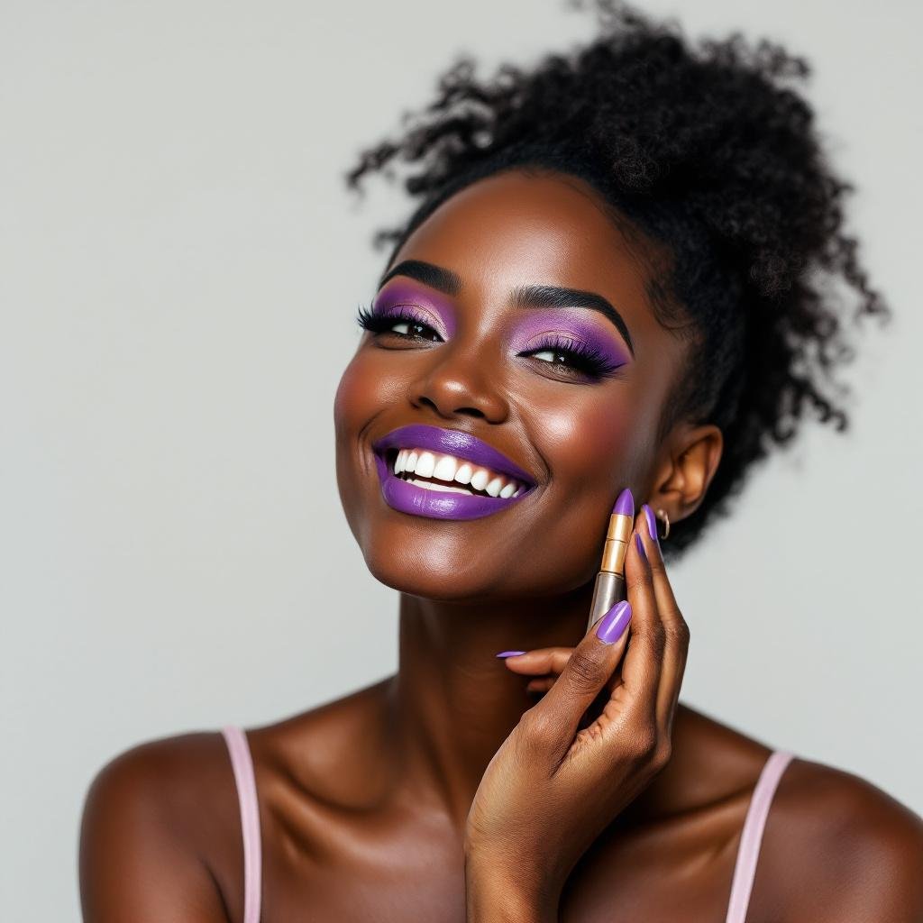 dicas de batom com foto de uma mulher linda preta maquiada sorrindo boca com batom roxo.Segurando um batom roxo na lateral do rosto. olhos castanhos escuros cabelos preso encaracolados.