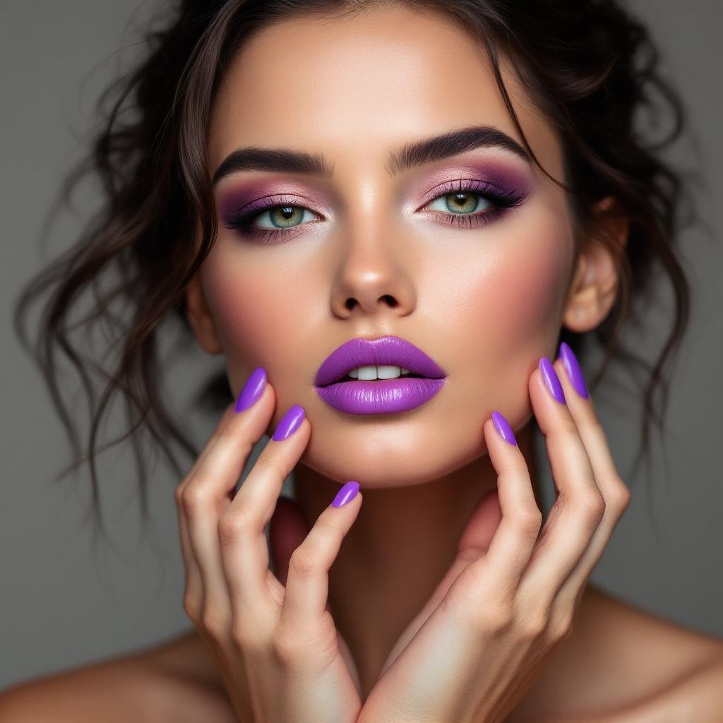 dicas de batom, foto de mulher branca linda seria, maquiada, olhos verdes claros. duas maos proximas do rosto, unhas e labios na cor roxa, cabelos presos lisos.