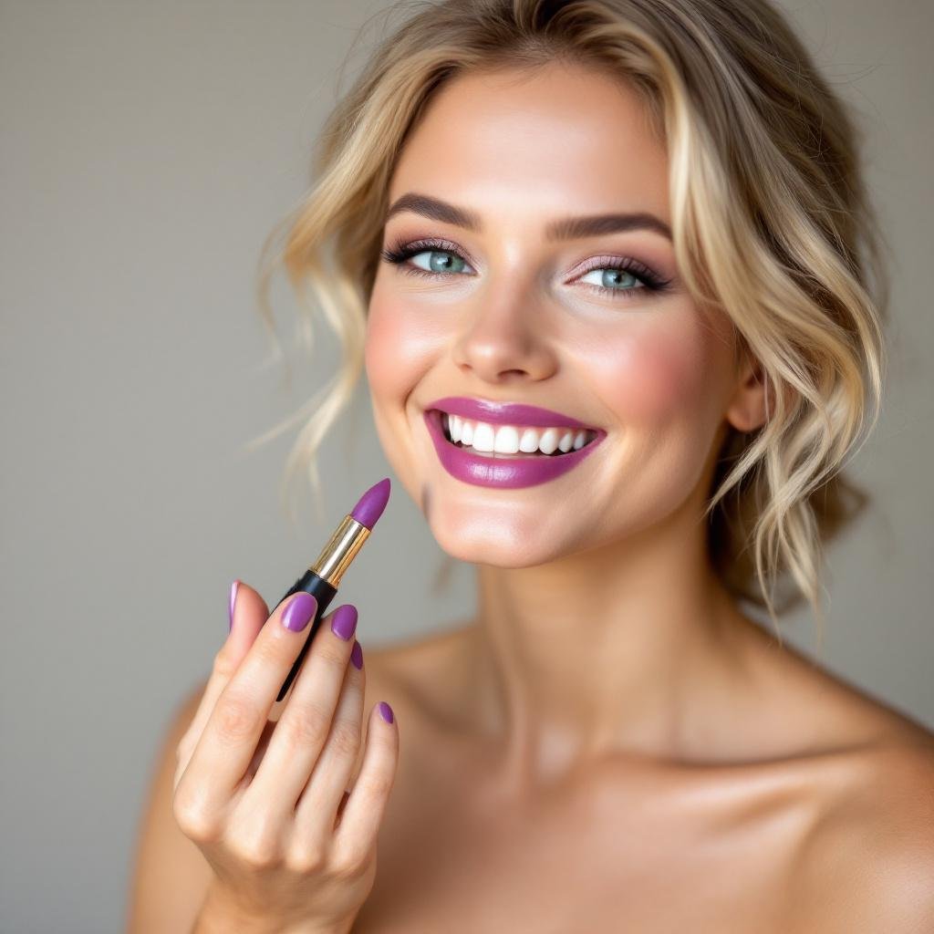 dicas de batom com uma foto de uma mulher loira, olhos verdes, sorrindo segurando batom na cor roxa, boca com batom roxo, mão próxima do rosto segurando o batom