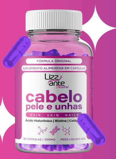 propaganda desenho de um pote de comprimidos para tratamento de cabelo pele e unhas, cor rosa pote transparente comprimidos roxos