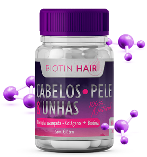 imagem de um pote transparente com comprimidos de tratamento capilar, propaganda