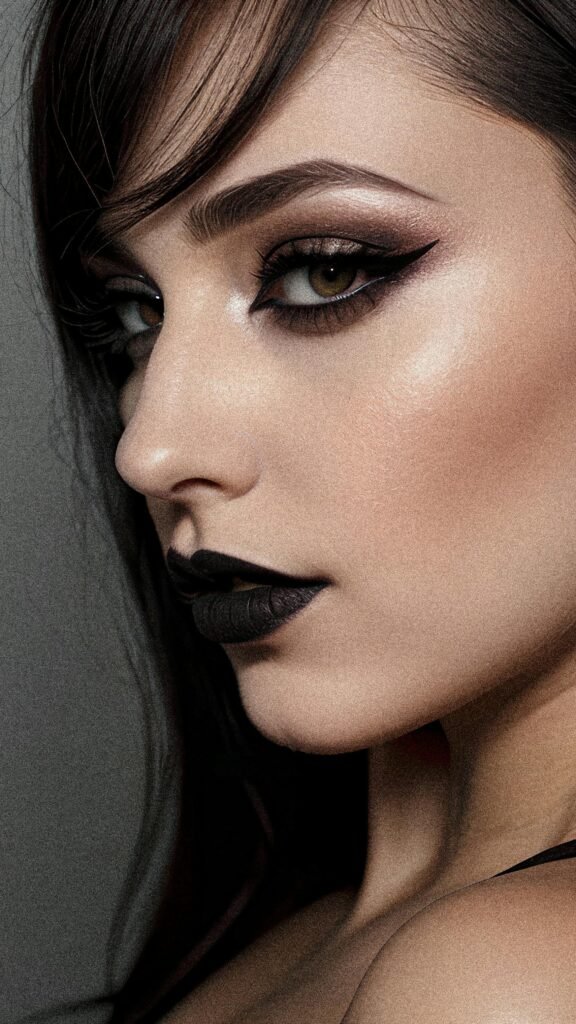 mulher branca cabelos lisos pretos olhos castanhos claros batom preto leve maquiagem