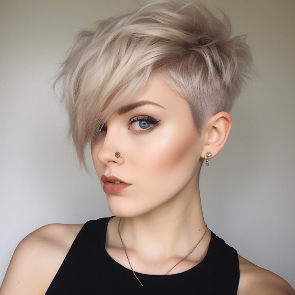 mulher loira com cabelo curto pixie maquiada blusinha preta