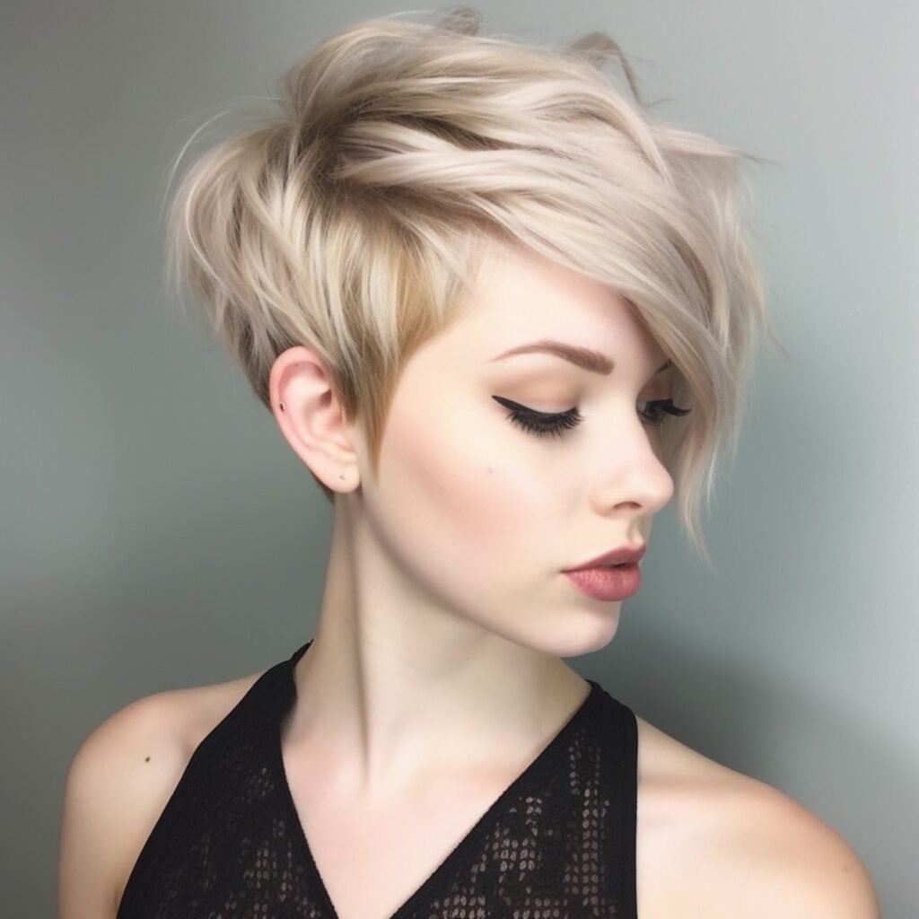 mulher maquiada loira com corte de cabelo curtinho pixie Stylish pixie haircuts for fine hair, cortes pixie