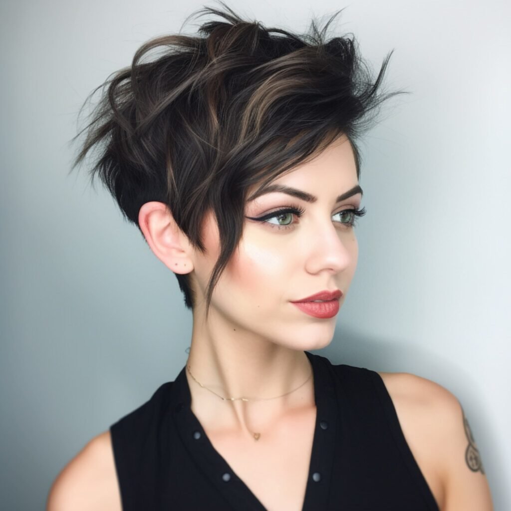 mulher com cabelos corte curto pixie estiloso cabelo cor preta