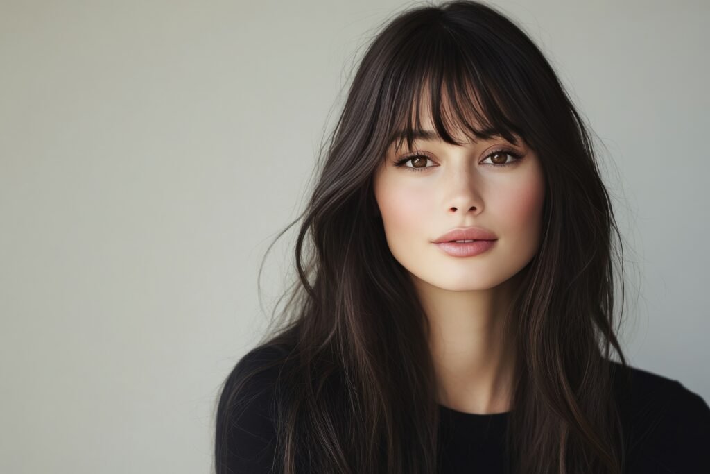 mulher maquiada leve sorriso cabelos pretos lisos longos corte de franja curta baby bangs