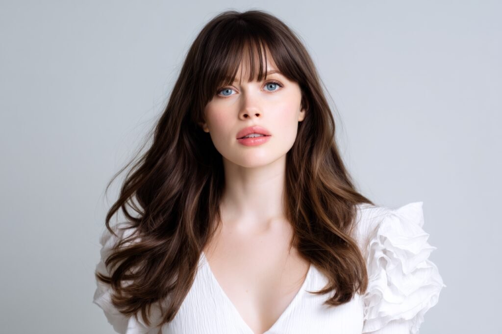 mulher com cabelos lisos longos castanhos corte franja olhos azuis blusinha branca estilosa
