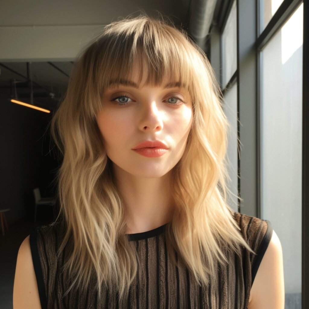 mulher loira olhos azuis claros cabelos lisos soltos com corte baby bangs franja curta