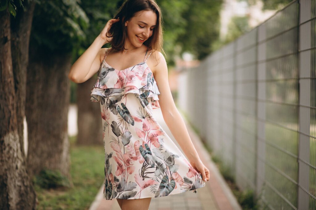 mulher sorrindo com vestido estampado na altura dos joelhos  dress for everyday life vestido para o dia a dia o segredo de estilo praticidade e confiança revelado pelas mulheres que fazem acontecer