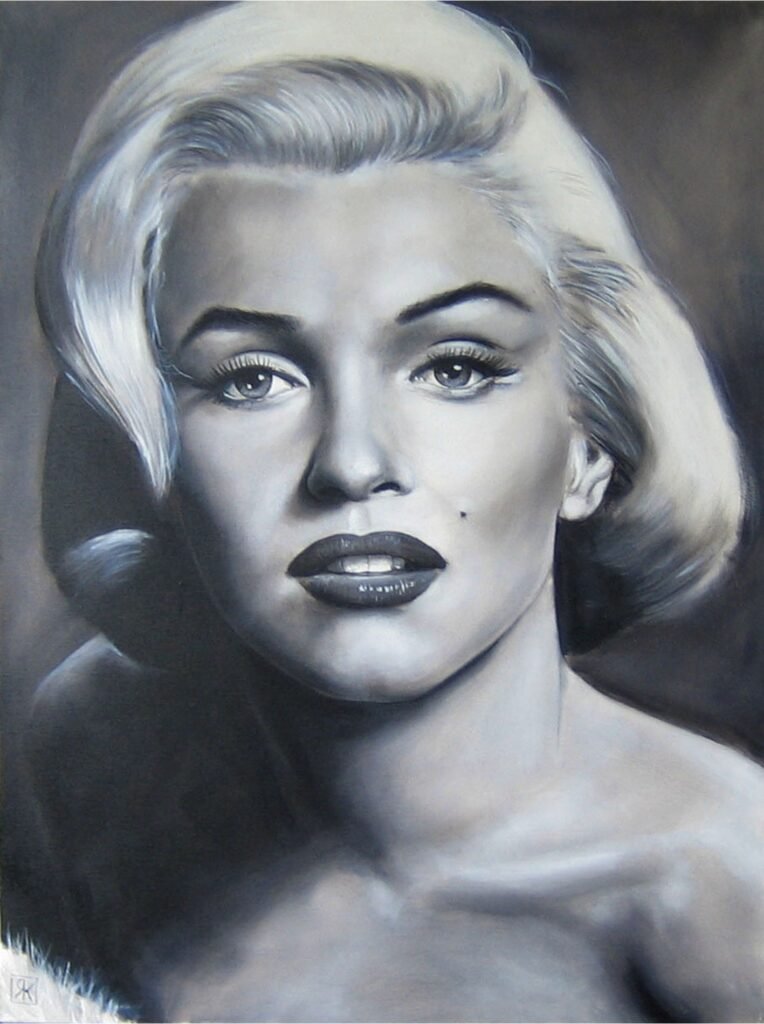 foto pintura do rosto de Marilyn Monroe em preto e branco o vestido de batatas e o segredo eterno do marilyn monroe style maquiagem glamorosa glamorous makeup e o renascimento do vintage hollywood