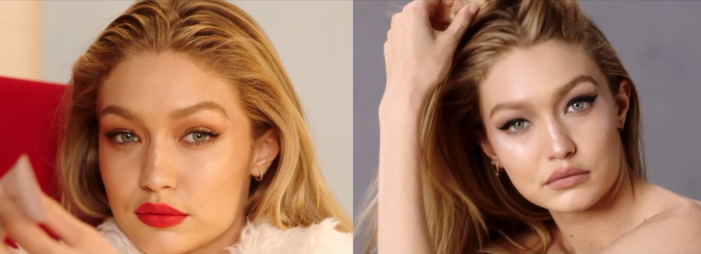 duas fotos lado a lado de gigi hadid maquiada cabelos lisos longos loiros olhos azuis